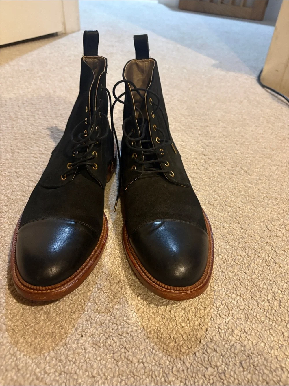 Taft Black Leather Cap-Toe Lace-Up Boots with Brown Welt